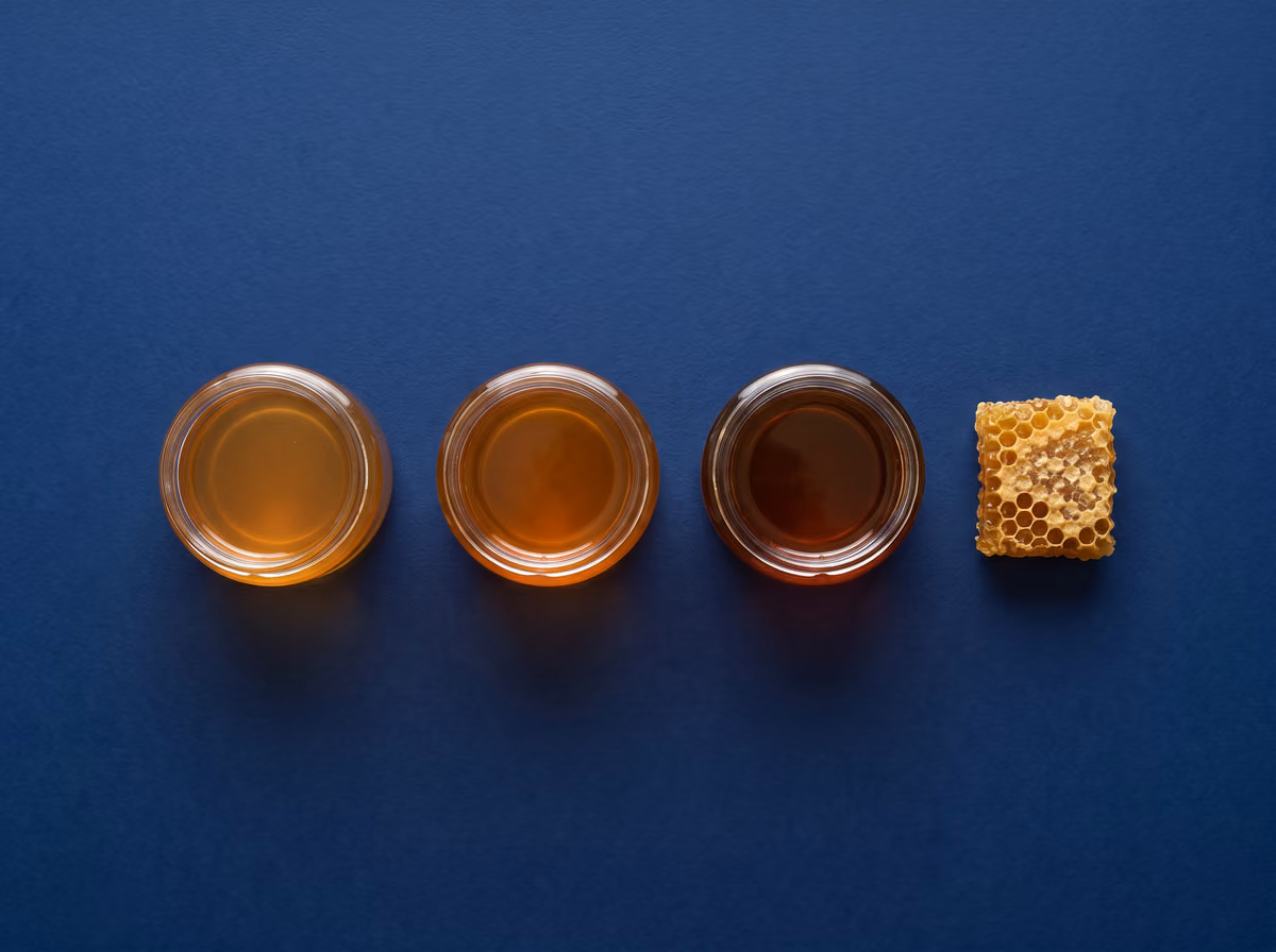 Three jars of honey from light to dark amber with a piece of honeycomb